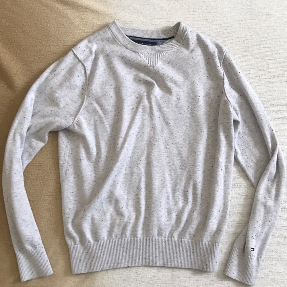 Tommy Hilfiger grey sweater with blue flecks.